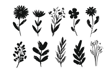 Hand Drawn Flower Brush Vector Set - Doodle Floral Leaf & Abstract Botanical Silhouettes