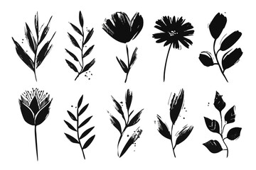 Hand Drawn Flower Brush Vector Set - Doodle Floral Leaf & Abstract Botanical Silhouettes
