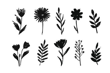 Hand Drawn Flower Brush Vector Set - Doodle Floral Leaf & Abstract Botanical Silhouettes