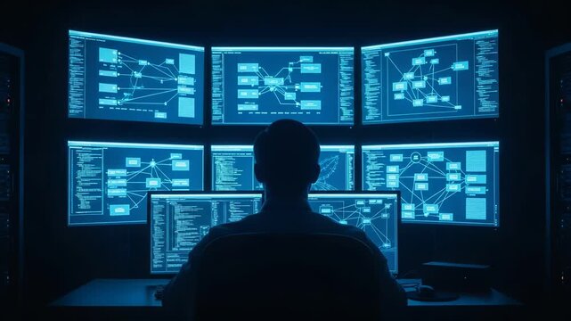Network security operator monitoring multiple computer screens at night