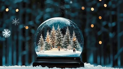 Charming snow globe showcases a peaceful winter scene with snow-covered trees and soft, twinkling lights under falling snow - Powered by Adobe