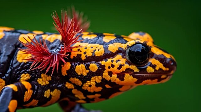 Tropical salamander crawling on vibrant green background with striking colors and pattern