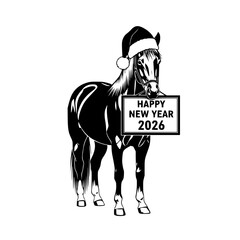 A festive horse illustration adorned with a Santa hat joyfully welcomes the New Year, holding a sign wishing a Happy New Year 2026.  vector illustration