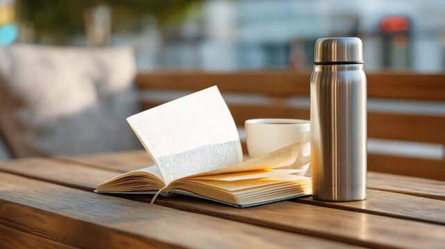 A maritime historian, researching an ancient ark, takes a coffee break on city streets, sipping from a metal thermos, its cap dented, on a wooden bench, its slats weathered. A notebook, its pages