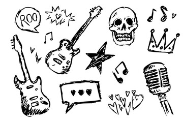 Punk Rock Doodle Icon Set - Hand Drawn Guitar, Microphone, Skull & Graffiti Elements Vector