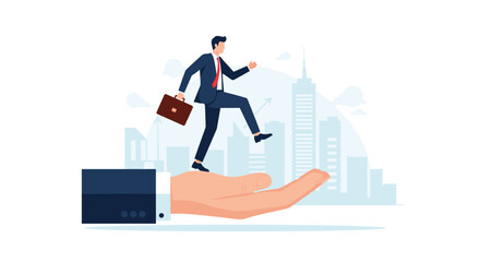 Confident businessman steps forward supported by helping hand against city skyline backdrop symbolizing career growth