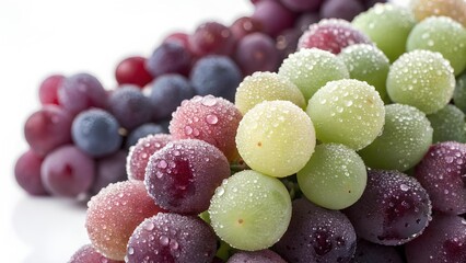 Close-up of mixed grapes in purple, red, and green tones with dewy surfaces. Soft light and white background create a fresh, elegant, and high-end look
