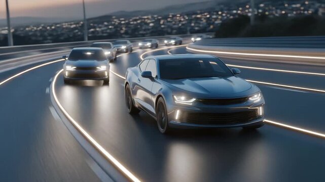 Autonomous electric cars moving in perfect synchronization on glowing magnetic roads, representing clean energy innovation, AI-controlled logistics, and sustainable futuristic transportation