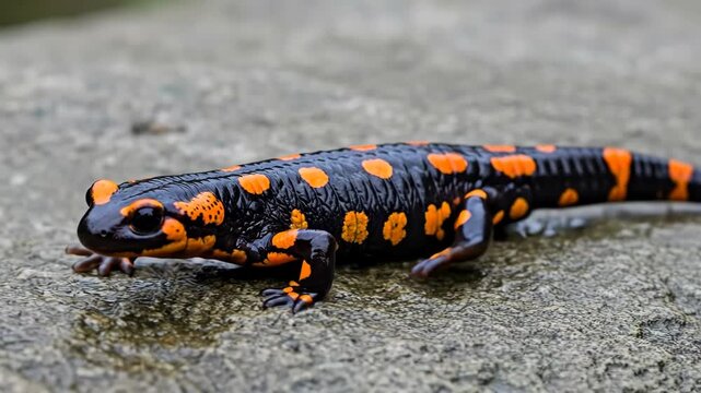 Vibrant salamander gracefully navigates a mossy forest surface