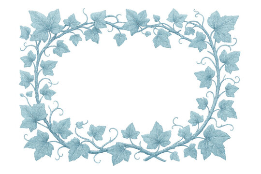 Winter ivy leaves oval frame with blue tint, elegant design for holidays and seasonal greetings with transparent background