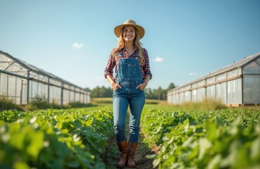 Young woman farmer stands proud in green crop field. Wears straw hat, plaid shirt, denim overalls, smiles at camera. Modern greenhouses line background. Female agri worker poses at farm on sunny