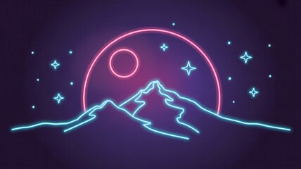 Neon mountain landscape with moon and stars in vibrant retro style
