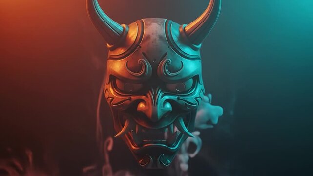 Dramatic Hannya Demon Mask Emerging From Colorful Smoke Mysterious Mystical Reveal Animation.