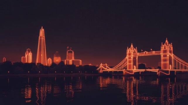 Iconic london skyline at night with tower bridge and the shard illuminated
