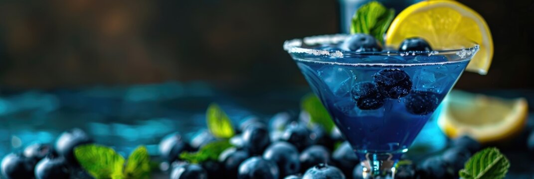 Festive cocktail for Bosnia and Herzegovina's National Day featuring refreshing drink with fresh lemon and blueberries garnish. Celebration beverage in national colors theme