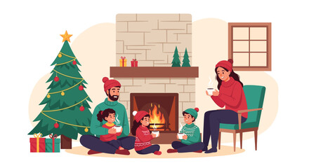 Cozy family enjoying Christmas Eve warmth by the fireplace with hot cocoa and decorated tree