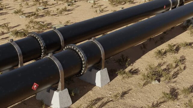 Modern oil and gas pipeline route through desert terrain. Useful for global energy trade, political, economic and industrial themed media. Part of infrastructure collection.