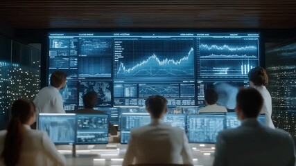 Futuristic sleek office with diverse professionals collaborating through holographic transparent dashboards showing KPI analytics, market dynamics, and AI-driven forecasts, representing business - Powered by Adobe