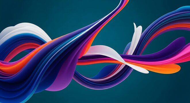 Vibrant flowing abstract ribbons of color swirl and twist against a dark teal background