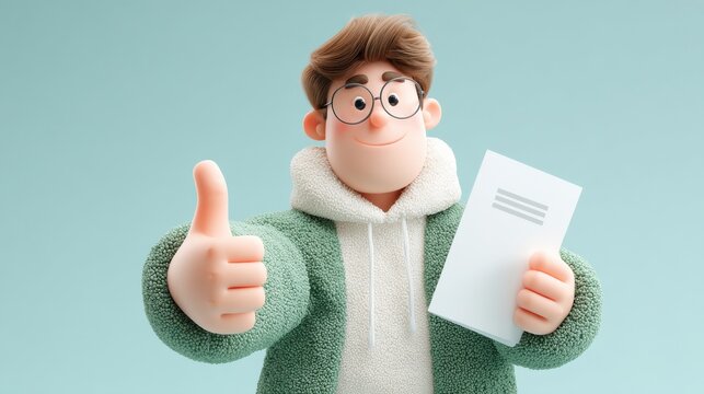 cartoon style boy with smiling and funny face and holding a paper