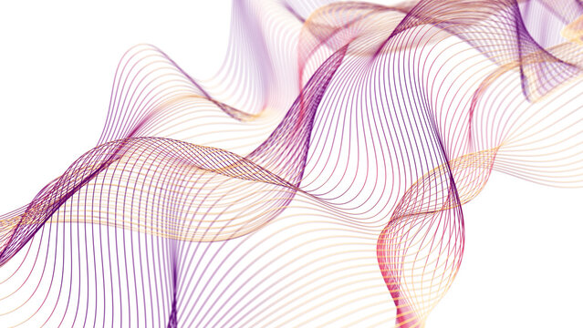 Elegant, wavy surface made of fine gradient lines, flowing from purple to orange on a white background.
