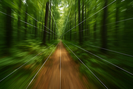 Dynamic Motion Blur Forest Path with Geometric Lines Overlay