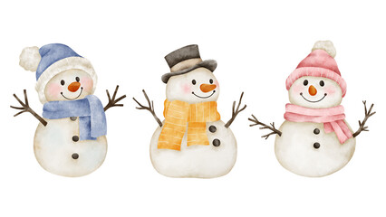 Cute watercolor illustration of three snowmen in hats and scarves on white background. Perfect for Christmas cards, stickers, posters, wrapping paper and winter designs.