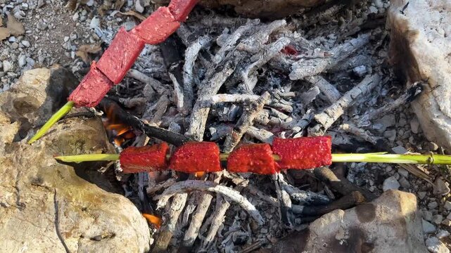 Spicy sausage is being cooked over an open campfire. The moment of cooking a hot and delicious meal over smoky coals.