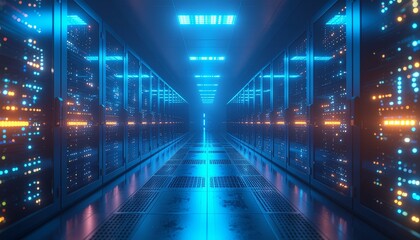Modern futuristic data center corridor with glowing server racks and blue lights