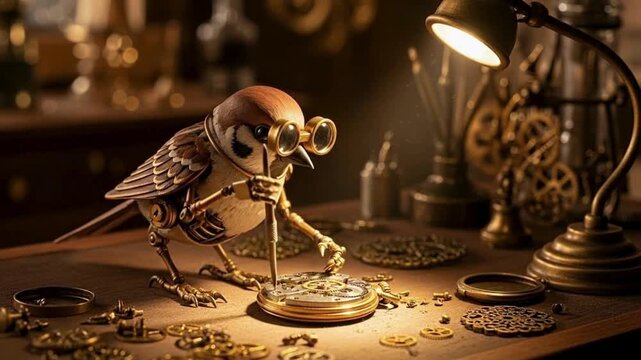 Steampunk Robotic Bird Watchmaker Fixing Clockwork Mechanism, Intricate Engineering