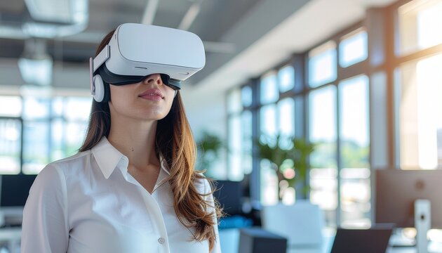 Young woman wearing VR headset in bright modern office, innovation and virtual reality concept