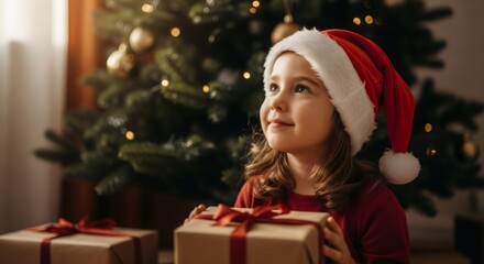 Cute little girl in Santa hat holding a Christmas gift with a festive tree in the background. Joyful holiday moment for celebration.