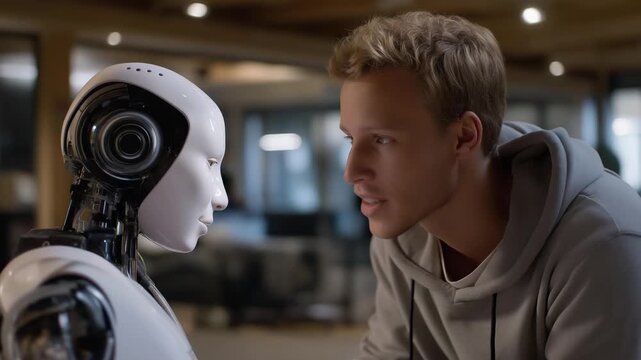 Researchers observing neural networks simulating empathy through expressive facial models, symbolizing emotional AI research, human-machine connection, and deep learning innovation