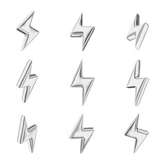Collection of shiny silver 3d lightning bolt symbols, shown from various angles on transparent background.