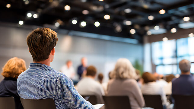 Business seminar with diverse group of professionals attending a presentation in a modern conference room.
 - Powered by Adobe