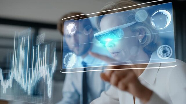 Team of real estate analysts evaluating commercial building portfolios through holographic AR displays, symbolizing smart property investment, market research, and predictive analytics. cinematic
