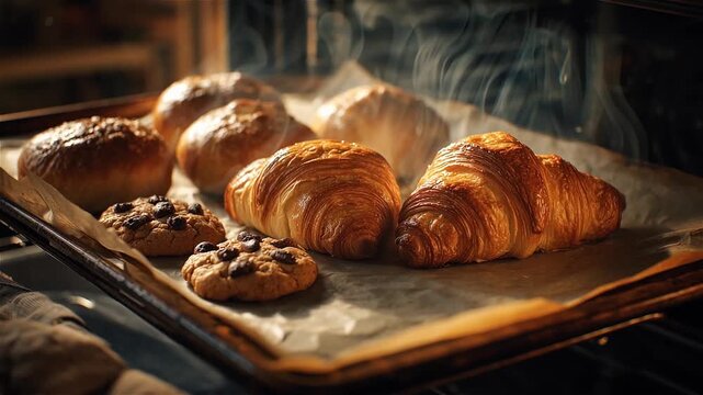 Freshly baked croissants and cookies on a baking sheet in a warm oven setting