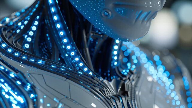 Closeup of a futuristic robot with glowing blue lights and intricate circuitry design