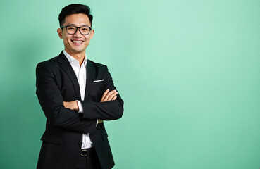 Young Asian businessman smiles confidently, arms crossed. Wears sharp black suit, white shirt, glasses. Happy, smart male pro stands against plain green background, looking at camera with friendly