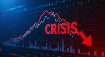 Financial crisis and market meltdown: digital stock chart illustrates economic downturn with red 'crisis' text and downward arrow