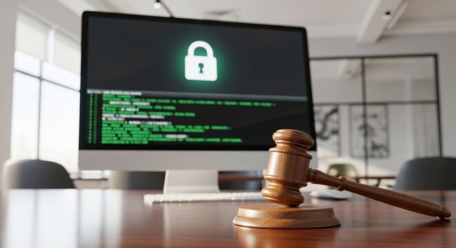 Cybersecurity law and digital justice: gavel with secure code display on computer monitor