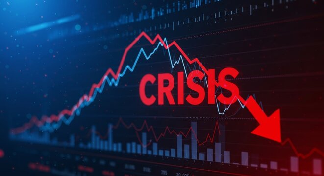 Financial crisis and market meltdown: digital stock chart illustrates economic downturn with red 'crisis' text and downward arrow