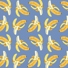 Cute pattern with bananas on blue background. Banana seamless pattern. Tropical fruit.