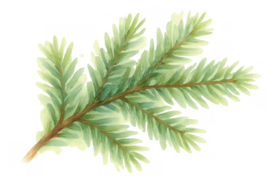 Fir tree branch with green needles in a watercolor painting style, suitable for christmas holidays, winter themes, and nature designs. Transparent background - Powered by Adobe