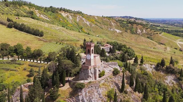 Drone dolly zoom on medieval clock tower, Brisighella, Emilia-Romagna, Italy