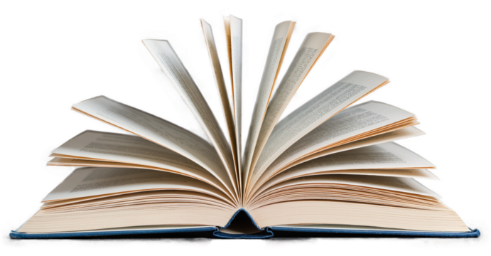 An open book with its pages fanned out, isolated on a transparent background (PNG format). Ideal for designs, education themes, World Book Day, and reading-related visuals. - Powered by Adobe