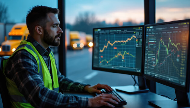 Man in safety vest works at desk, looking at two computer screens. Monitors graphs, charts showing data. Outside window, yellow trucks visible. Manages transport fleet delivery, working in logistics