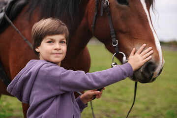 Obraz premium Equine assisted therapy. Little boy stroking beautiful horse in countryside. Lovely domesticated pet
