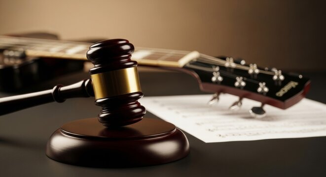 Music copyright law represented by gavel and guitar