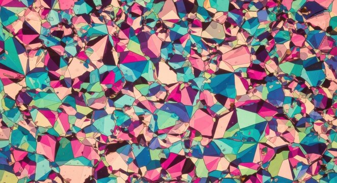 Colorful crystals under microscope forming abstract geometric pattern background